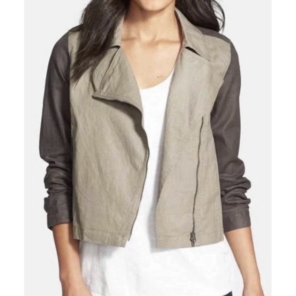Eileen Fisher Gray Organic Linen Moto Jacket Two Tone Zip Lightweight Large $278